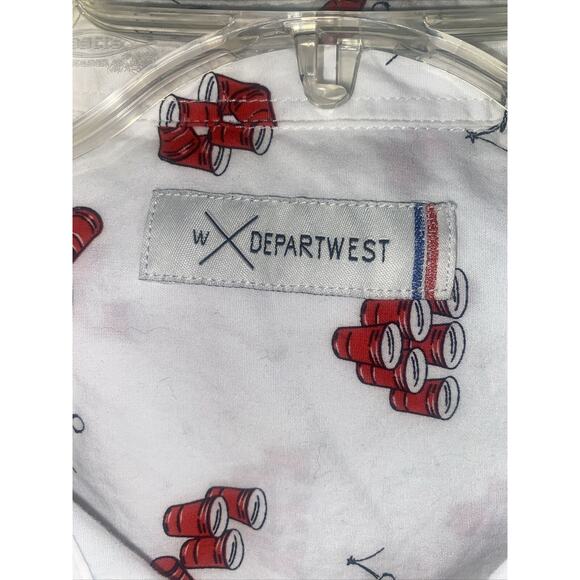 Departwest Beer Pong Short Sleeve Button Up Shirt White Red Men's Size Medium - Picture 4 of 8